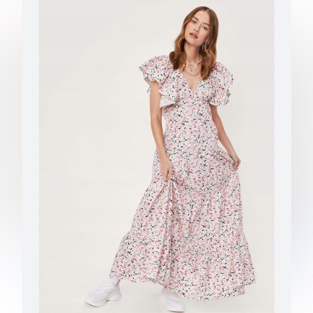 NWT Nasty Gal Collection‎ Floral Frill Shoulder Smock maxi dress sz 2
